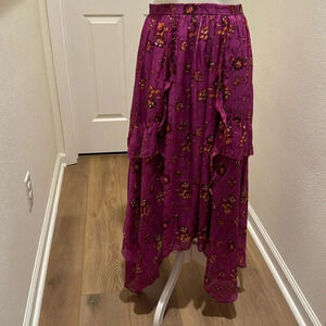 Ulla Johnson Torri Magenta Midi Silk Floral Print Skirt